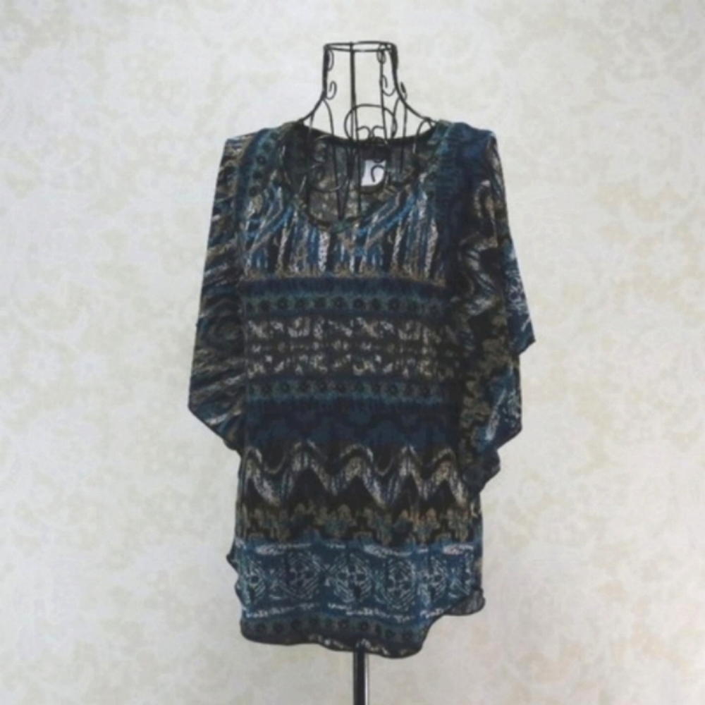 AGENDA Brown Blue Flutter Sleeve Blouse